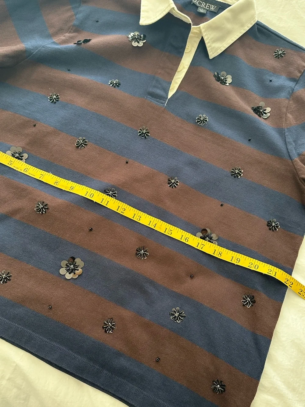 J. Crew striped rugby style top in navy and burgundy, size large